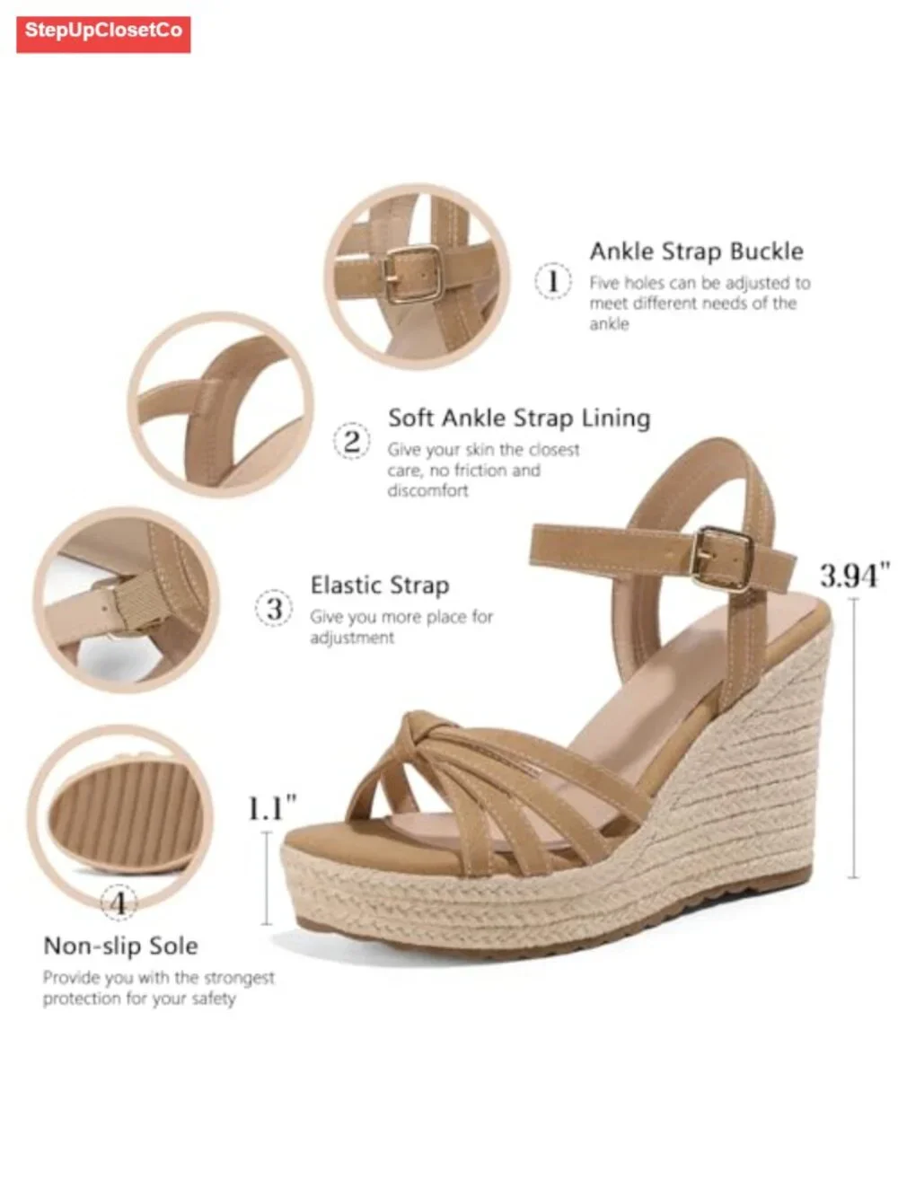 Open Toe Platform Espadrilles Wedge Sandals with Adjustable Buckle Strap
